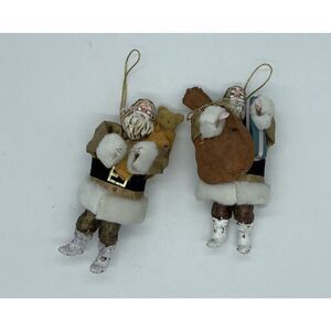 Vintage Paper Mache Flocked Felt Christmas Ornament Santa Painted Face Foil Lot